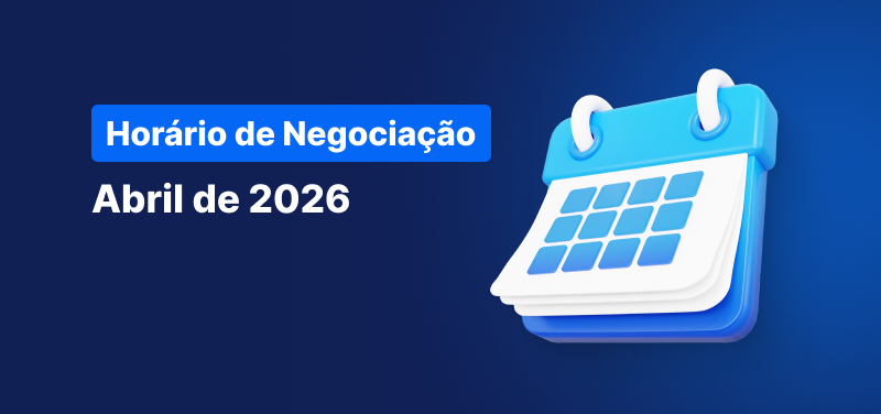 Calendário sobre um fundo azul com o texto "Horário de Negociação de abril de 2026" a branco.