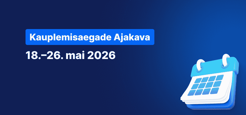 Kalender sinisel taustal, millel on valge tekst „Kauplemisaegade graafik 18.–26. mai 2026“.