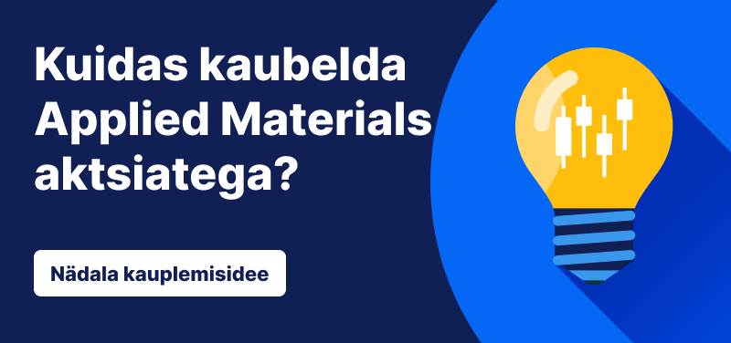 Hõõglamp, mille sees on küünlajala graafiku pulgad sinisel taustal, tekst: „Kuidas kaubelda Applied Materialsiga. Nädala kaubandusidee“