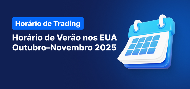 Calendário sobre fundo azul, com texto em branco que diz: “Horário de Verão nos EUA – Outubro-Novembro de 2025”