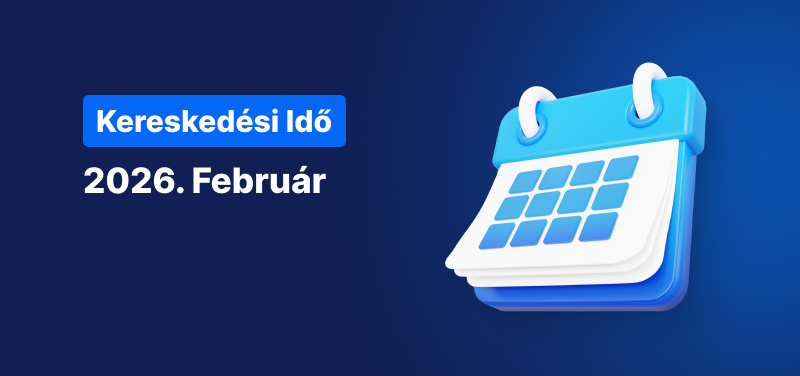 Naptár kék háttérrel, fehér szöveggel: „Kereskedési Órák Menetrendje – 2026. február”.