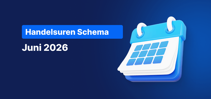 Blauwe achtergrond met een kalender en de tekst: Handelsuren Schema Juni 2026.