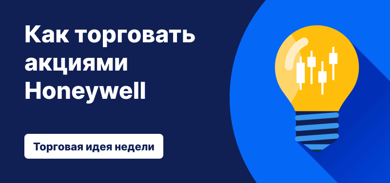 Light bulb with candlestick bars inside it against a blue background, text: ‘How to Trade Honeywell. Trade Idea of the Week’