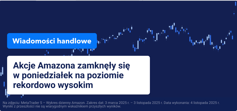 Niebieski wykres cen Amazon z nałożonym tekstem „Akcje Amazon zamknęły się w poniedziałek na rekordowo wysokim poziomie”.