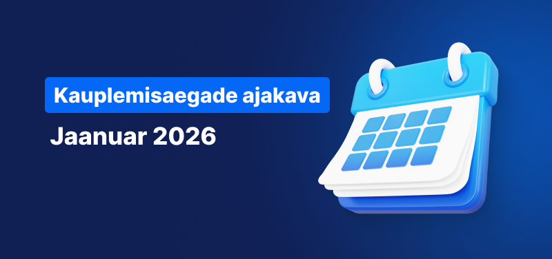 Sinise taustaga kalender, valge tekstiga „Kauplemisaegade ajakava jaanuar 2026“.