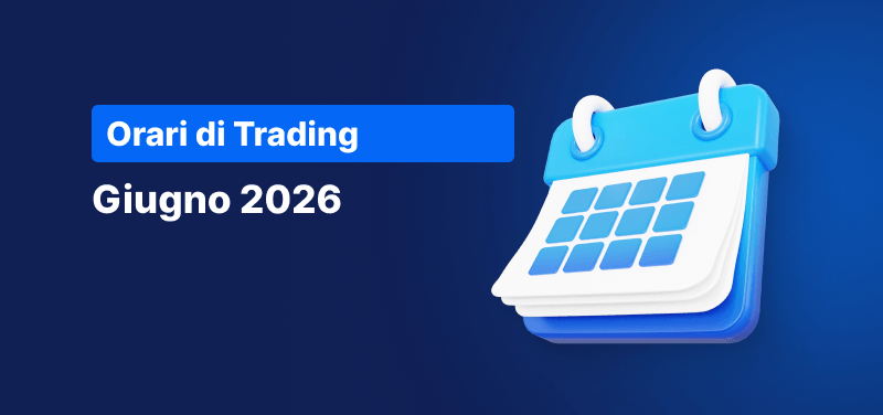 Sfondo blu con un calendario e la scritta: "Orari di Trading Giugno 2026.