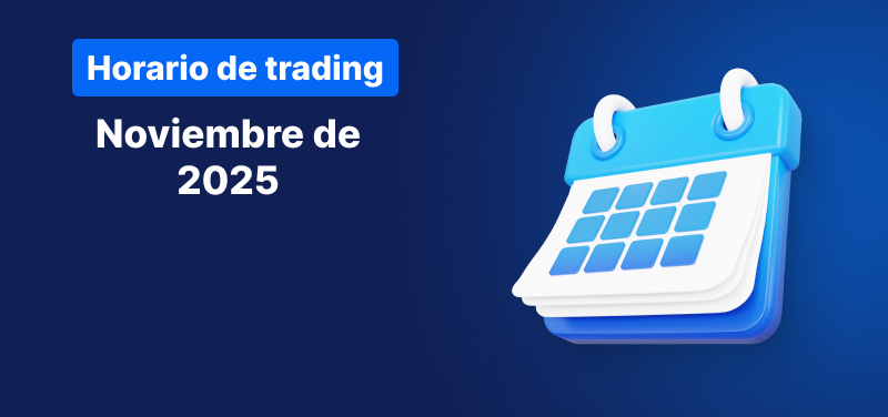 Calendario sobre un fondo azul, texto blanco que dice "Horario de Negociación Noviembre de 2025".