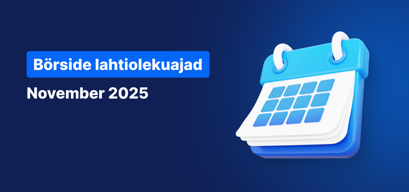 Sinisel taustal kalender, valge tekstiga „Kauplemisaja ajakava november 2025“.