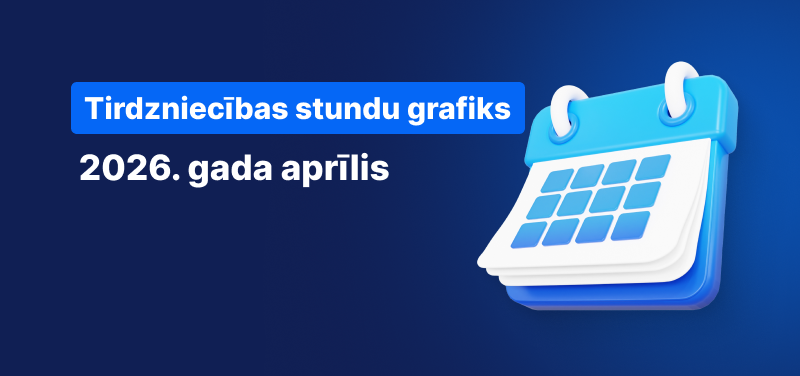 Kalendārs uz zila fona, balts teksts ar uzrakstu "Tirdzniecības stundu grafiks 2026. gada aprīlī".