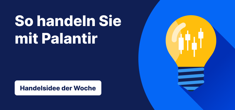 Banner mit dem Text „So handeln Sie mit Palantir“ und einer grafischen Glühbirne mit Candlestick-Symbolen, Teil der Handelsidee der Woche von Admirals