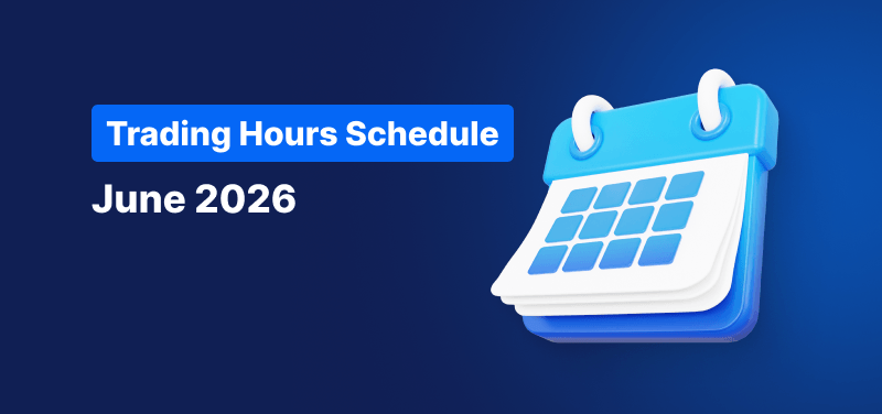 Calendar on a blue background, white text reads "Trading Hours Schedule June 2026".