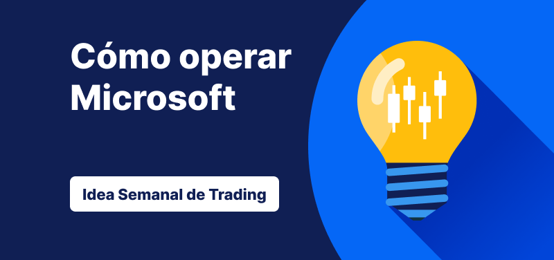 Bombilla con barras de velas en su interior sobre un fondo azul, texto: 'Cómo operar con Microsoft. Idea de Trading de la Semana'.