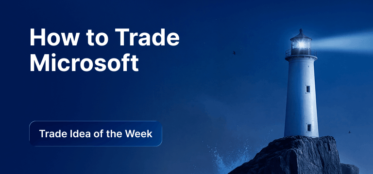 Lighthouse on a rocky cliff at night casting a bright beam over the ocean, with ‘How to Trade Microsoft’ and ‘Trade Idea of the Week’ text overlay.