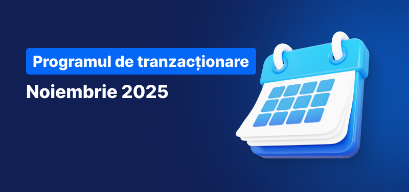 Calendar pe un fundal albastru, cu text alb: „Programul Orele de Tranzacționare Noiembrie 2025”.