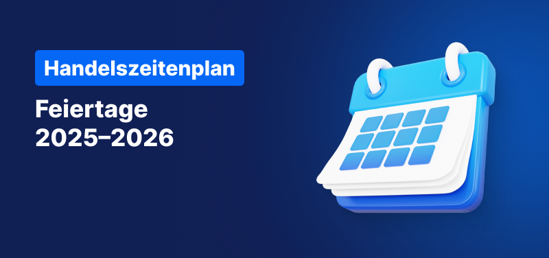 Grafik zum Handelszeitenplan für die Festtage 2025–2026 von Admiral Markets mit Kalender-Icon.