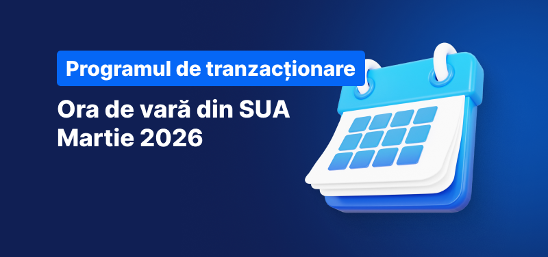 Fundal albastru cu un calendar și textul: "Ora de vară din SUA Martie 2026".