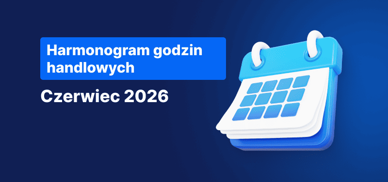 Kalendarz na niebieskim tle, biały tekst o treści „Harmonogram godzin handlu Czerwiec 2026”.