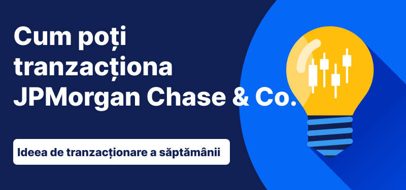 Bec cu bare lumânare în interior pe un fundal albastru, text: „Cum să tranzacționezi JPMorgan Chase & Co. Ideea de tranzacționare a săptămânii”
