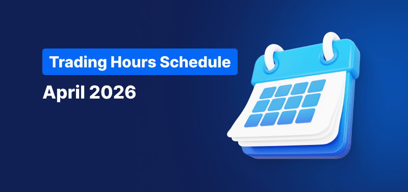 Calendar on a blue background, white text reads "Trading Hours Schedule April 2026".
