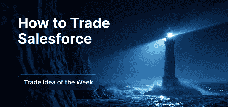 Lighthouse on a rocky cliff at night casting a bright beam over the ocean, with ‘How to Trade Salesforce’ and ‘Trade Idea of the Week’ text overlay.