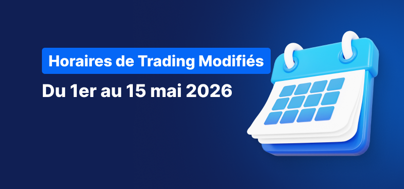 Calendrier sur fond bleu, avec le texte blanc « Calendrier des heures de trading du 1er au 15 mai 2026 ».