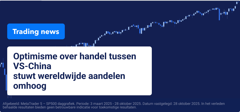 Blauwe achtergrond met een candlestick-handelsgrafiek en de tekst:"Optimisme over handel tussen VS-China stuwt wereldwijde aandelen omhoog".