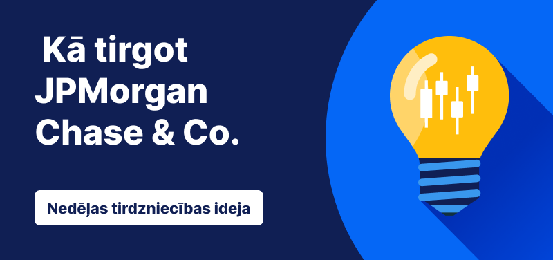 Spuldze ar svečturu diagrammas joslām iekšpusē uz zila fona, teksts: „Kā tirgot JPMorgan Chase & Co. Nedēļas tirdzniecības ideja”