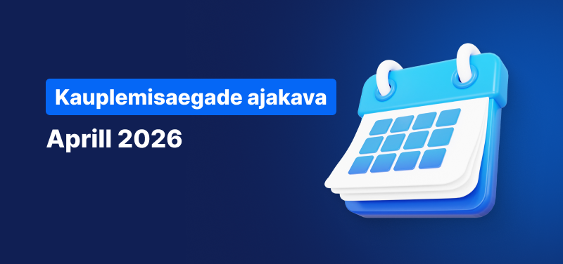 Kalender sinisel taustal, valge tekstiga „Kauplemisgraafik aprillis 2026“.