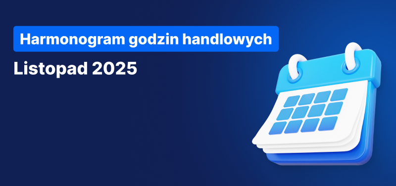 Kalendarz na niebieskim tle, biały tekst brzmi „Harmonogram Godzin Handlu Listopad 2025”.