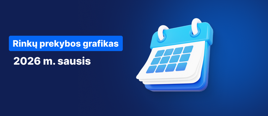 Kalendorius mėlyname fone, baltas tekstas skelbia: „Prekybos valandų tvarkaraštis 2026 m. sausio mėn.“.