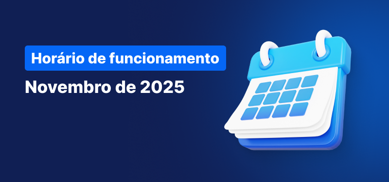 Calendário em fundo azul, com texto branco que diz "Calendário de Horários de Negociação Novembro de 2025".