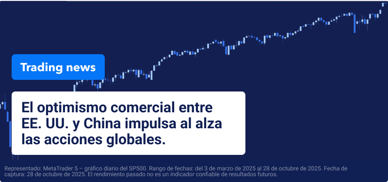 Gráfico que muestra el índice S&P 500 subiendo en el fondo con el texto, "El optimismo comercial entre EE. UU. y China impulsa las acciones globales."