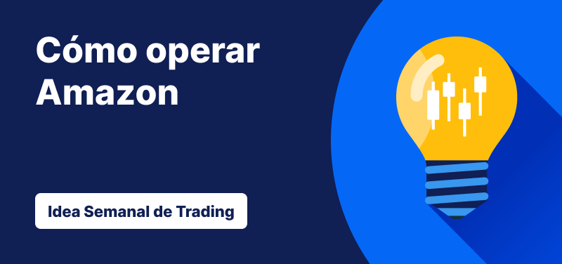 Bombilla con barras de velas en su interior sobre un fondo azul, texto: 'Cómo operar Amazon. Idea de trading de la semana'