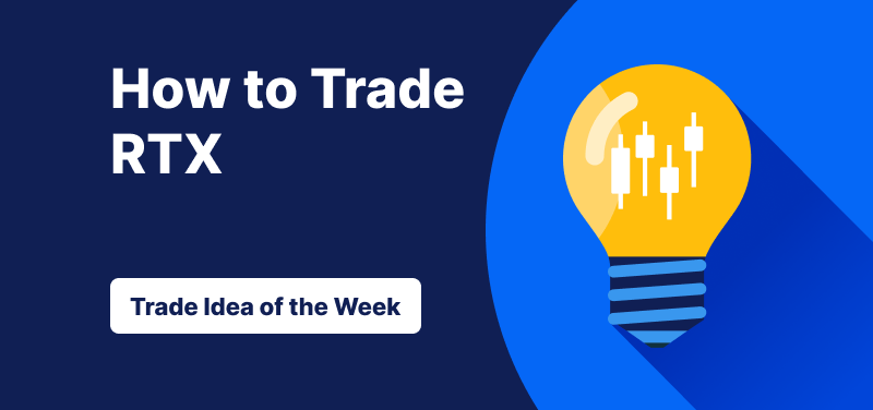 Light bulb with candlestick bars inside it against a blue background, text: ‘How to Trade RTX: Trade Idea of the Week’.