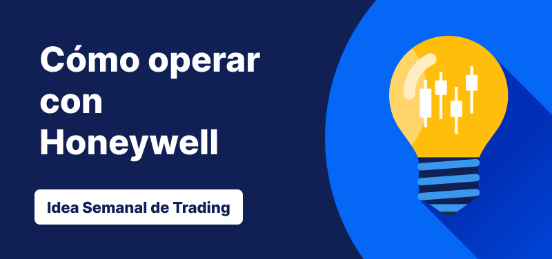 Bombilla con barras de velas dentro sobre un fondo azul, texto: 'Cómo comerciar con Honeywell. Idea de comercio de la semana'