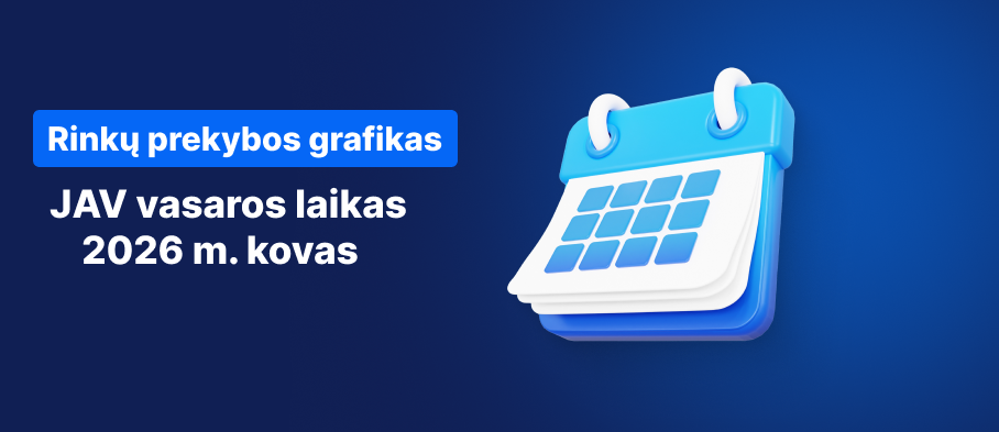 Kalendorius mėlyname fone, baltu tekstu parašyta „JAV vasaros laikas 2026 m. kovas“.