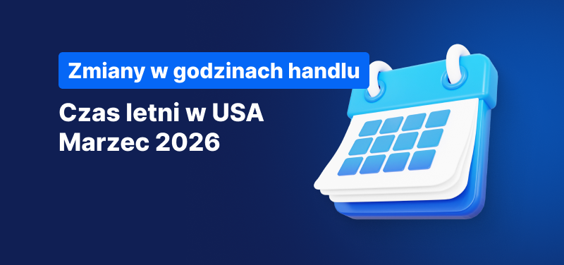 Kalendarz na niebieskim tle, biały tekst głosi „Czas Letni w USA marzec 2026”.