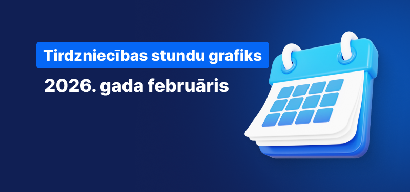 Kalendārs uz zila fona, ar baltu tekstu: "Tirdzniecības stundu grafiks 2026. gada februārim".