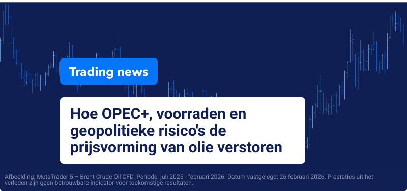 Blauwe achtergrond met candlestick-handelsgrafiek en de tekst: "Hoe OPEC+, voorraden en geopolitieke risico's de prijsvorming van olie verstoren".