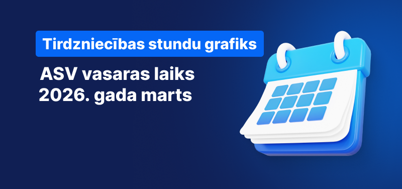 Kalendārs uz zila fona, balts teksts vēsta: "ASV vasaras laiks 2026. gada marts".