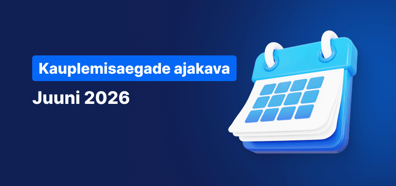 Kalender sinisel taustal, valge tekstiga „Kauplemisaegade graafik juuni 2026”.