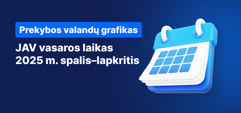 Kalendorius mėlyname fone, baltas tekstas „JAV vasaros laikas 2025 m. spalis–lapkritis“.