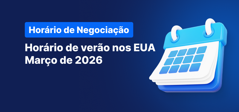Calendário sobre um fundo azul, com texto branco que diz "Horário de Verão dos EUA Março de 2026".