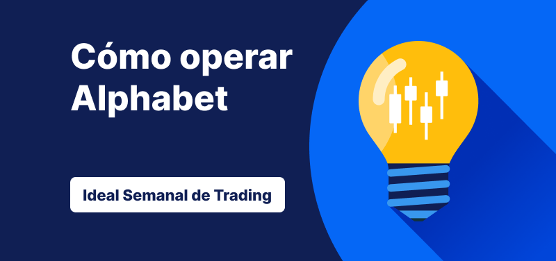 Bombilla con gráficos de velas japonesas sobre un fondo azul, texto: 'Cómo Negociar Alphabet. Idea Comercial de la Semana'.