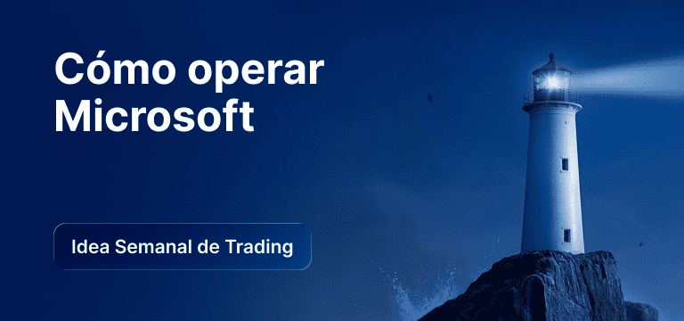 Un faro en un acantilado rocoso de noche que proyecta un brillante haz de luz sobre el océano, con el texto superpuesto «Cómo operar las acciones de Microsoft» e «Idea de trading de la semana».