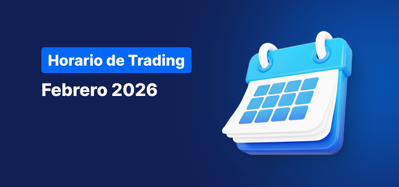 Calendario sobre fondo azul, texto blanco dice "Calendario de Horarios de Trading Febrero 2026".
