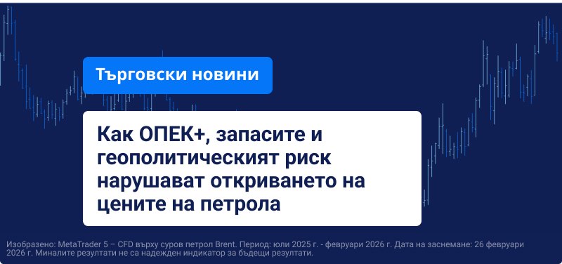 Син фон с календар и надпис:" Как ОПЕК+, запасите и геополитическият риск нарушават откриването на цените на петрола".