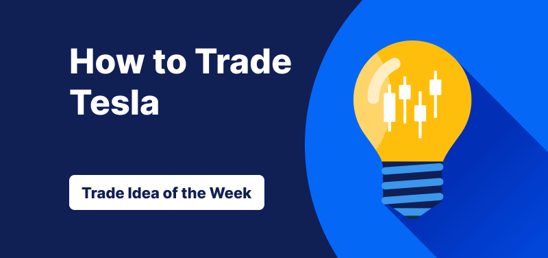 Light bulb with candlestick bars inside it against a blue background, text: ‘How to Trade Tesla: Trade Idea of the Week’.