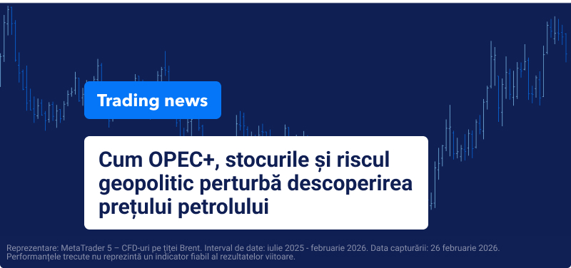 Fundal albastru cu sfeșnic de tranzacționare grafic și scris: "Cum OPEC+, stocurile și riscul geopolitic perturbă descoperirea prețului petrolului".