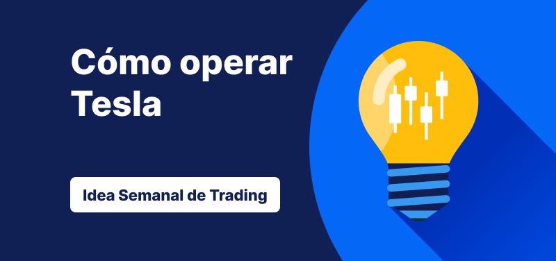 Bombilla con gráficos de velas en su interior sobre un fondo azul, texto: «Cómo operar con Tesla: idea de 'trading' de la semana».